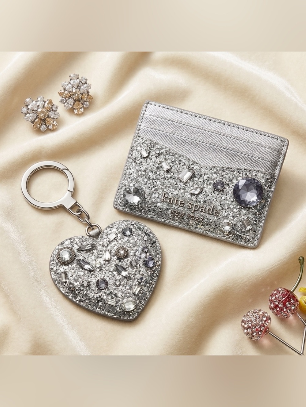kate spade silver glitter cardholder with jeweled heart keychain